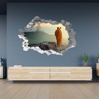 Wandtattoo Betende Mönch & Buddha Statue 3D Loch in Der Wand Effekt B Selbstklebend Kunst Aufkleber Wandbild von WallArtsOnline