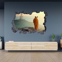 Wandtattoo Betende Mönch & Buddha Statue 3D Loch in Der Wand Effekt C Selbstklebend Kunst Aufkleber Wandbild von WallArtsOnline