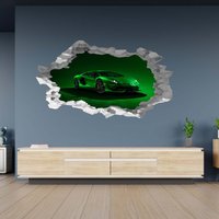 Wandtattoo Lamborghini Grün Sportwagen 3D Loch in Der Wand Effekt B Selbstklebend Kunst Aufkleber Wandbild von WallArtsOnline