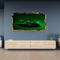 Wandtattoo Lamborghini Grün Sportwagen 3D Loch in Der Wand Effekt Selbstklebend Kunst Aufkleber Wandbild von WallArtsOnline