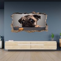 Wandtattoo Lustiger Mops Hund Motiv 3D Loch in Der Wand Effekt Selbstklebend Kunst Aufkleber Wandbild von WallArtsOnline