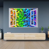 Wandtattoo Regenbogenfarbene Schmetterlinge 3D Fenstereffekt Selbstklebend Kunst Aufkleber Wandbild von WallArtsOnline