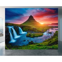 Wasserfall Landschaft - Schälen Und Aufkleben Wandbild, Büro Wanddekor, Landschaftswanddekor, Vinyl Tapete, Einfach Anzubringen Wasserdicht von WallArtsOnline