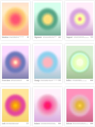 Angel Number Posters - Set of 9 Ästhetisches Engelszahl-Poster, Colorful Decor of Aura Angel Numbers Minimalist Decor, Inspirational Art & Unique Art Gifts for Her, Aura Aesthetic (20cm x 25cm) von WallBUddy