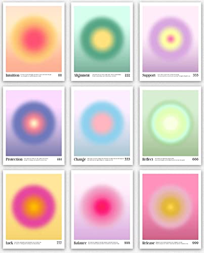 Angel Number Posters - Set of 9 Ästhetisches Engelszahl-Poster, Colorful Decor of Aura Angel Numbers Minimalist Decor, Inspirational Art & Unique Art Gifts for Her, Aura Aesthetic (30cm x 40cm) von WallBUddy