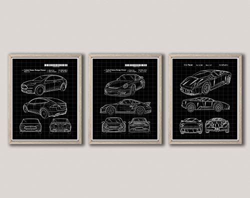 Car Poster Car Wall Art Set of 3 Modern Car Patent Prints Car Room Decor Car Accessories Race Car Poster Car Art WB337-WB339 (33cm x 48cm, Black Grid) von WallBUddy