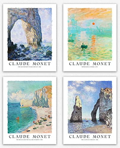 Claude Monet wanddeko wohnzimmer - Monet Seaside Set of 4 Beach Seaside Paintings Colourful Room Decor/Monet Prints Impressionist Wall Art Monet Gifts wohnzimmer deko modern (28cm x 36cm) von WallBUddy