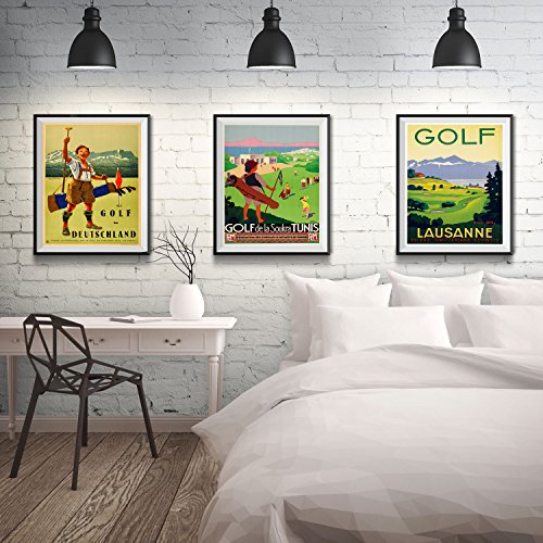 Golf Poster Golf Geschenke Golf Wandkunst Set aus 3 Vintage Golf-Drucken Geschenk für Golfspieler Golf Dekor Golf Kunst Luasanne Schweiz Deutschland Tunesien (50cm x 70cm) von WallBUddy