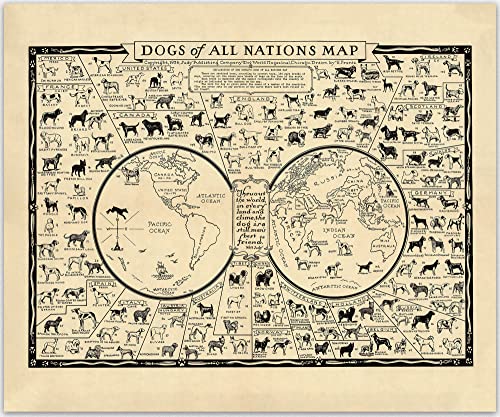 Hunderassen Von Nationen Vintage World Map - Hunde Aller Nationen Kartenwandkunst | Kartenkunstreproduktion Wand Dekoration Fotowandkunst | Tierliebhaber Badezimmer Schlafzimmerdekor (50cm x 70cm) von WallBUddy