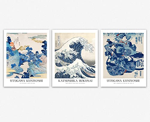 Japanisch Kunstdruck Wandposter Utagawa Kuniyoshi und Katsushika Hokusai Japan Deko Poster Set Von 3 - Ein Abendblick Auf Fuji Der Cortesan Hanao Von Ogi-Ya Wellenplakat Wanddeko (50cm x 70cm) von WallBUddy