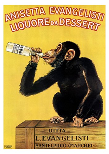 Likör Poster von 1930 Bar Poster Getränk Poster Bier Wand-Kunst Bar Dekor Affe Poster Affe trinkt Poster Anisetta Evangelisti Werbung (50cm x 70cm) von WallBUddy
