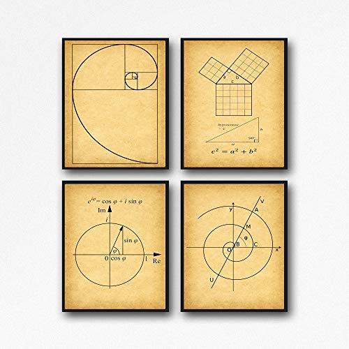 Math Poster Set of Math Posters Fibonacci Golden Spiral Pythagoras's Theorem Euler's Formula Archimedean Spiral Math Wall Art WB210 (13cm x 18cm, Vintage) von WallBUddy