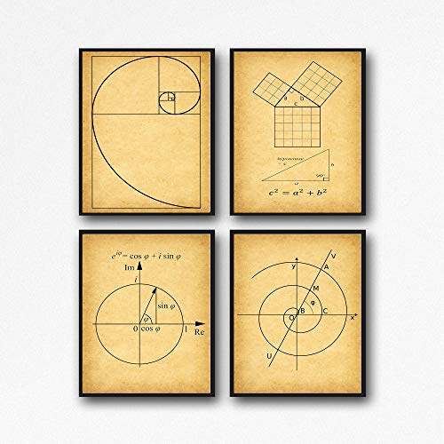 Math Poster Set of Math Posters Fibonacci Golden Spiral Pythagoras's Theorem Euler's Formula Archimedean Spiral Math Wall Art WB210 (20cm x 25cm, Vintage) von WallBUddy