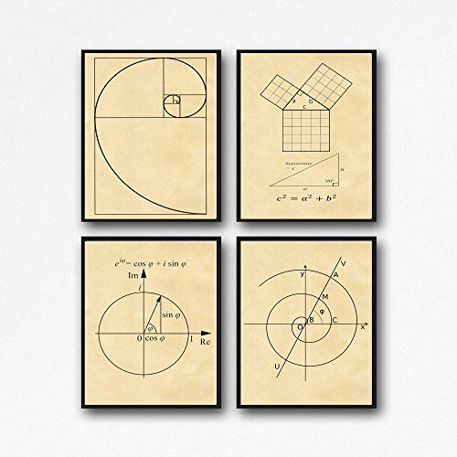 Math Poster Set of Math Posters Fibonacci Golden Spiral Pythagoras's Theorem Euler's Formula Archimedean Spiral Math Wall Art WB210 (33cm x 48cm, Parchment) von WallBUddy