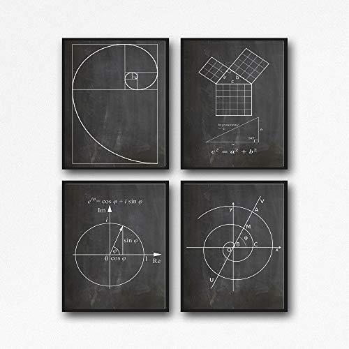 Maths Poster Set of 4 Math Posters Fibonacci Golden Spiral Pythagoras's Theorem Euler's Formula Archimedean Spiral Math Wall Art WB210 (21cm x 30cm, Chalkboard Black) von WallBUddy