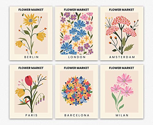 Set of 6 Flower Market Wandtattoo/Aesthetic room décor Flower Market Minimalist Wall Art, Floral Bedroom Decor wandbilder wohnzimmer, Apartment Decor wandbilder schlafzimmer (40cm x 50cm) von WallBUddy