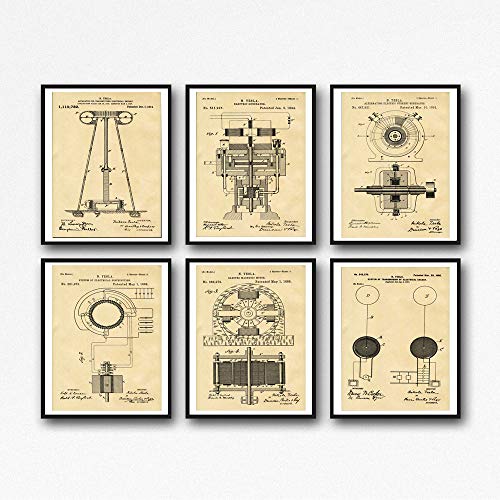 Tesla Posters Patent Prints Engineering Patent Wall Art Set of 6 Tesla Invention Posters Science Posters Patents Posters WB028 (21cm x 30cm, Parchment) von WallBUddy