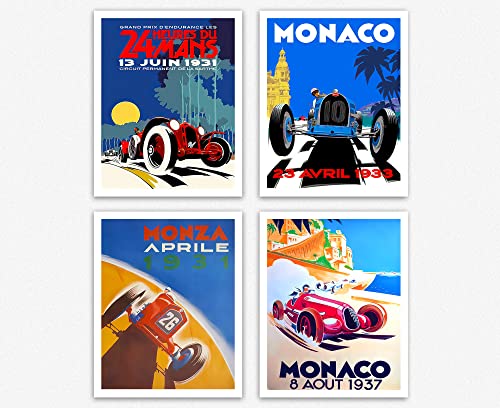 Vintage Car Racing Posters Set of 4 - Monza, Le Mans Poster & Monaco Grand Prix Poster Racecar Room Decor For Boys - Racing Wall Decor Gift Ideas For Him - Trendy Wall Art (61cm x 91.4cm) von WallBUddy