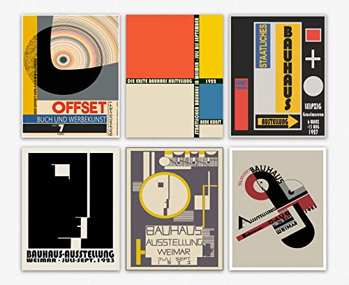 WallBUddy Ästhetische Wandcollage Kit Posters - Bauhaus Exhibition Posters, Set of 6 Rare German Kunstschuldrucke/Geometrische Drucke, Kunstdruck aus der Mitte des Jahrhundertst (13cm x 18cm) von WallBUddy