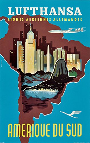 WallBUddy Deutschland Poster deutsches Poster Deutschland Poster Amerique Du Sud Brazil Lufthansa deutsches Reise-Poster 1960er Jahre Vintage Reisen Kunstdruck (50cm x 70cm) von WallBUddy