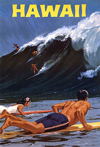 WallBUddy Hawaii Brandung Poster Hawaii 1950er Jahre Poster Kunstdruck Strand Surfen Hawaii Vintage Surfen Reise-Poster Hawaii Drucke Strand Drucke Reisen (30 x 45cm) von WallBUddy