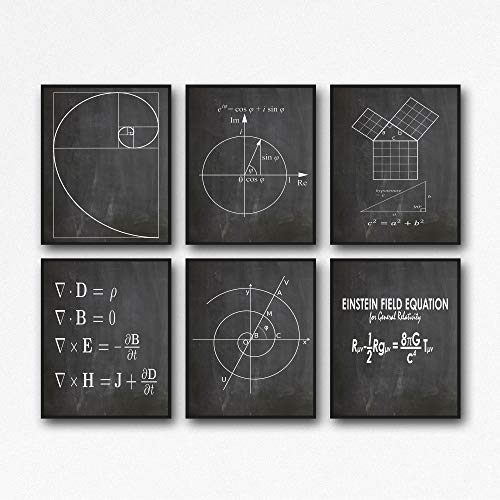 WallBUddy Mathematik Poster 6er Set Mathematik Drucke Fibonacci Goldene Spirale Satz des Pythagoras Eulersche Formel Maxwell- Gleichungen Einsteins Theorie WB209 (10x15cm, Chalkboard Black) von WallBUddy