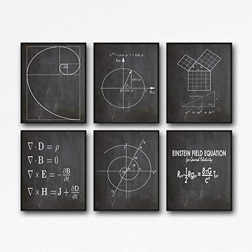 WallBUddy Mathematik Poster 6er Set Mathematik Drucke Fibonacci Goldene Spirale Satz des Pythagoras Eulersche Formel Maxwell- Gleichungen Einsteins Theorie WB209 (10x15cm, Chalkboard Black) von WallBUddy