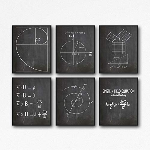 WallBUddy Mathematik Poster 6er Set Mathematik Drucke Fibonacci Goldene Spirale Satz des Pythagoras Eulersche Formel Maxwell- Gleichungen Einsteins Theorie WB209 (13 x 18cm, Chalkboard Black) von WallBUddy