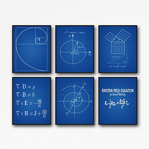 WallBUddy Mathematik Poster 6er Set Mathematik Drucke Fibonacci Goldene Spirale Satz des Pythagoras Eulersche Formel Maxwell- Gleichungen Einsteins Theorie WB209 (20 x 25cm, Blueprint) von WallBUddy