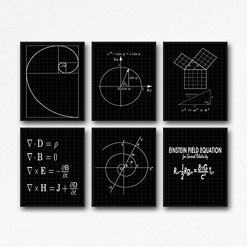 WallBUddy Mathematik Poster 6er Set Mathematik Drucke Fibonacci Goldene Spirale Satz des Pythagoras Eulersche Formel Maxwell- Gleichungen Einsteins Theorie WB209 (21x30cm (A4), Black Grid) von WallBUddy
