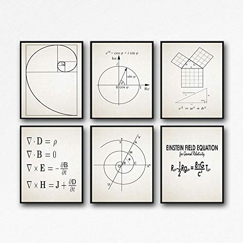 WallBUddy Mathematik Poster 6er Set Mathematik Drucke Fibonacci Goldene Spirale Satz des Pythagoras Eulersche Formel Maxwell- Gleichungen Einsteins Theorie WB209 (21x30cm (A4), Ivory) von WallBUddy