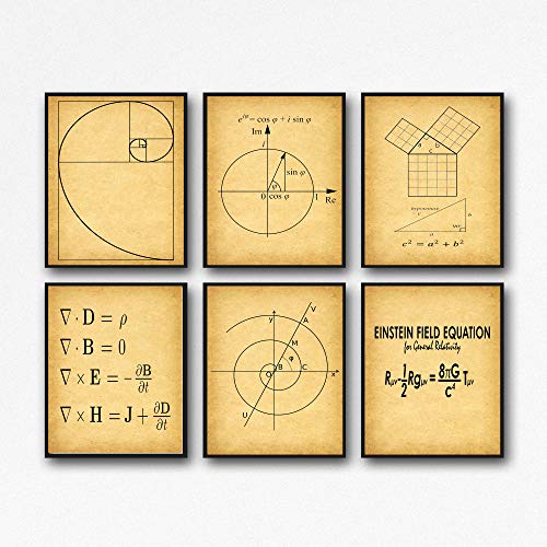 WallBUddy Mathematik Poster 6er Set Mathematik Drucke Fibonacci Goldene Spirale Satz des Pythagoras Eulersche Formel Maxwell- Gleichungen Einsteins Theorie WB209 (21x30cm (A4), Vintage) von WallBUddy