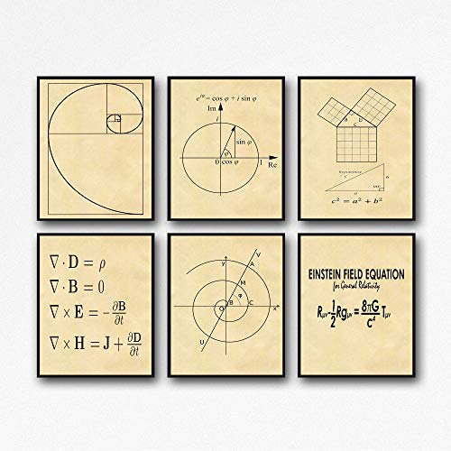 WallBUddy Mathematik Poster 6er Set Mathematik Drucke Fibonacci Goldene Spirale Satz des Pythagoras Eulersche Formel Maxwell- Gleichungen Einsteins Theorie WB209 (30cm x 40cm, Parchment) von WallBUddy