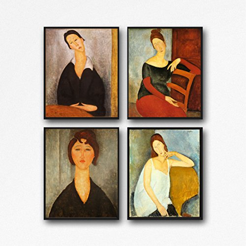 WallBUddy Modernes Porträt Gemälde - Set aus 4 modernen Gemälden von Amedeo Modigliani italienisches Porträtkunst Set aus 4 Postern 4 Drucke Set moderne Malerei (21x30cm (A4)) von WallBUddy