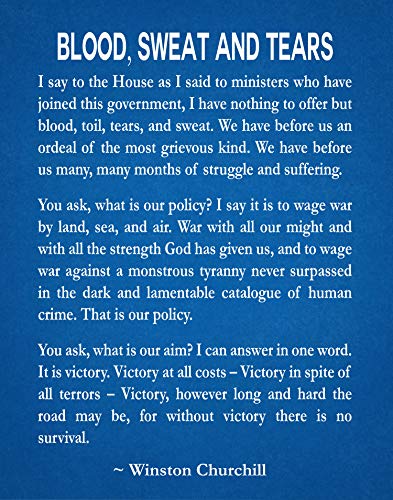 WallBUddy Winston Churchill Quote Winston Churchill Blood Sweat and Tears Speech House of Commons May 1940 Inspiring Quote Inspiring Poster Speech Art (29.7cm x 41.9cm (A3), Blueprint) von WallBUddy