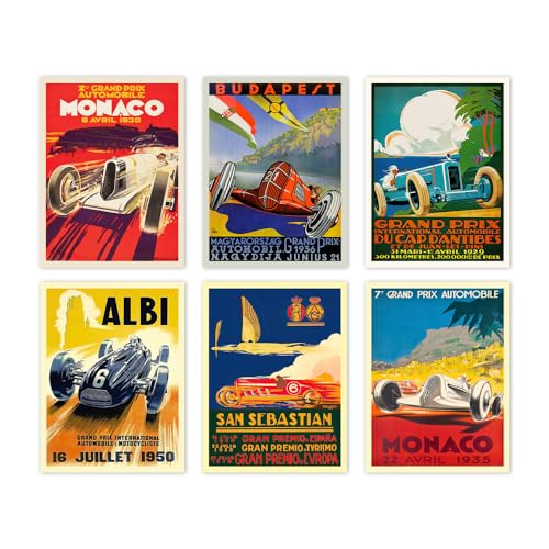 WallBUddy Set of 6 Car Racing Grand Prix Posters F1 Poster Formula 1 poster Car racing Print Motor Racing Poster 1930, 1936, 1937, 1952, 1966, 1970 (20cm x 25cm) von WallBUddy