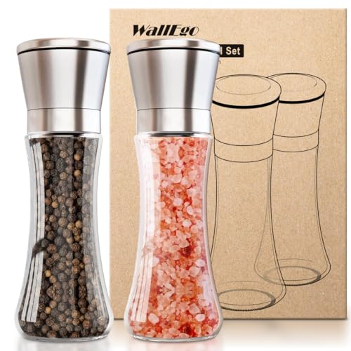 Salz und pfeffermühle 2er Set, Hochwertigem Glas & Edelstahl Gewürzmühle und Salzmühle Einstellbarem Feinheit Keramikmahlwerk [Ohne Gewürzinhalt] von WallEgo