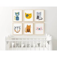 Katzen Kinderzimmer Drucke, Wanddrucke, Kinder Tiere Wandkunst, Süße Tier Kunst Np#04 von WallFunkPrints