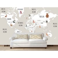 Animal World Map Weltkarte Wandbild Abnehmbare Tapete Textur Kinderzimmer Vinyl Moderne Wanddruck Kunst von WallMuralChic