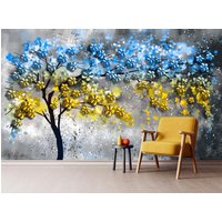 Florale Tapete Wandbild Blau Und Gelb Wand Kunst Baum Wandtatalen & Wandbilder, Abnehmbare Für Schlafzimmer, Wohnzimmer von WallMuralChic