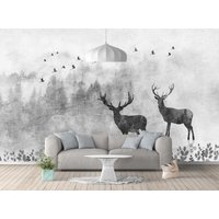 Wand Wandbild Dunkler Wald Schwarz Weiß Tapete Schälen Und Kleben, Hirsch Druckbar, Art Deco von WallMuralChic