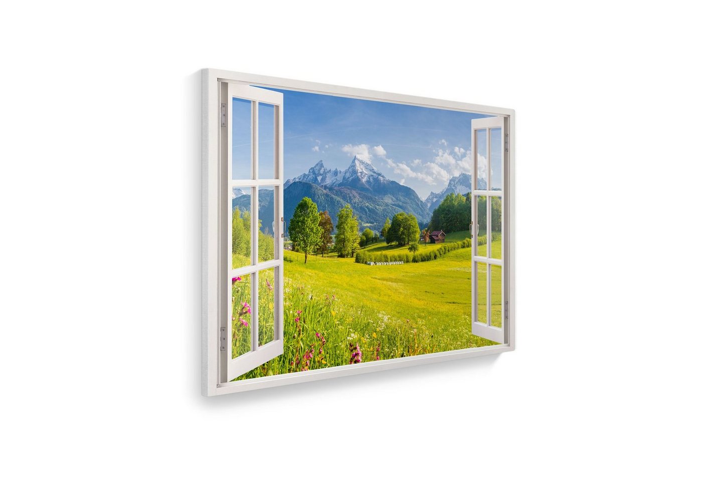 WallSpirit Leinwandbild Fenster mit Aussicht", Alpenblick, Leinwandbild geeignet für alle Wohnbereiche" von WallSpirit