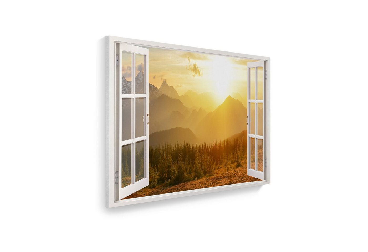 WallSpirit Leinwandbild Fenster mit Aussicht", Berge Sonnenaufgang, Leinwandbild geeignet für alle Wohnbereiche" von WallSpirit