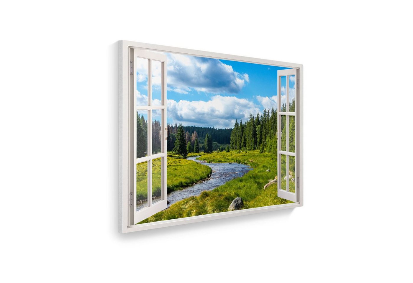 WallSpirit Leinwandbild Fenster mit Aussicht", Berge und Fluss, Leinwandbild geeignet für alle Wohnbereiche" von WallSpirit