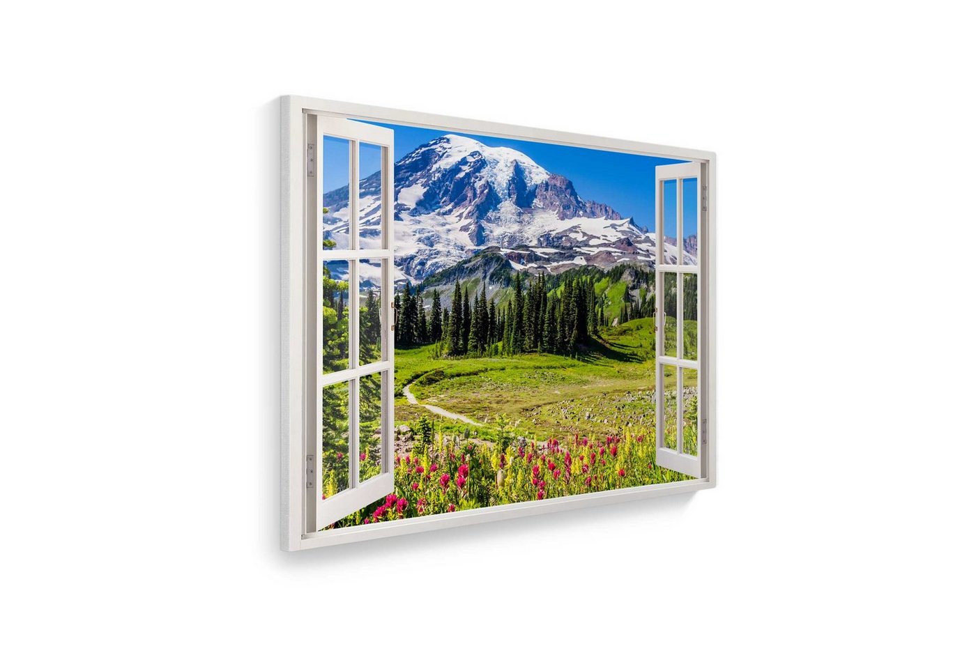 WallSpirit Leinwandbild Fenster mit Aussicht", Berge und Wildblumen, Leinwandbild geeignet für alle Wohnbereiche" von WallSpirit