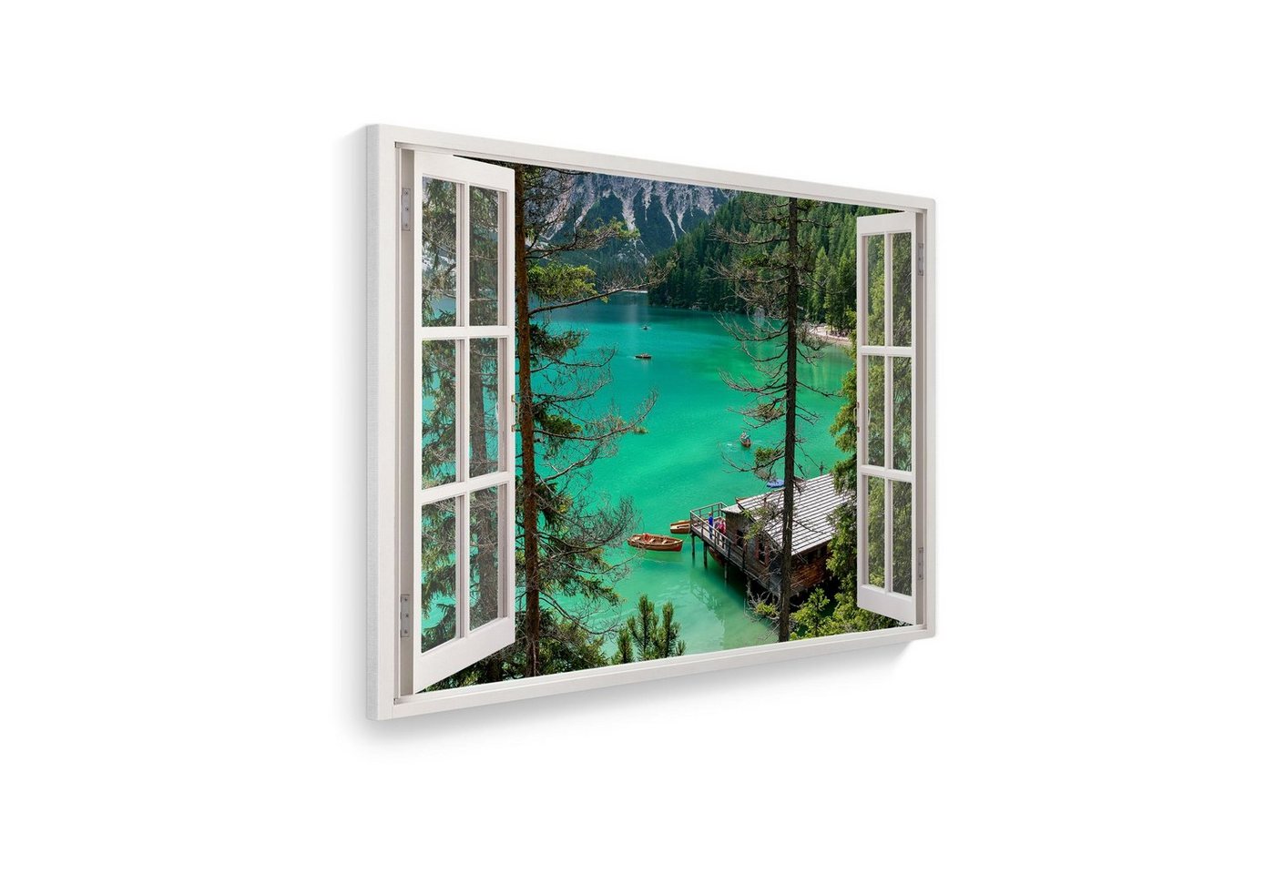 WallSpirit Leinwandbild Fenster mit Aussicht", Bergsee, Leinwandbild geeignet für alle Wohnbereiche" von WallSpirit