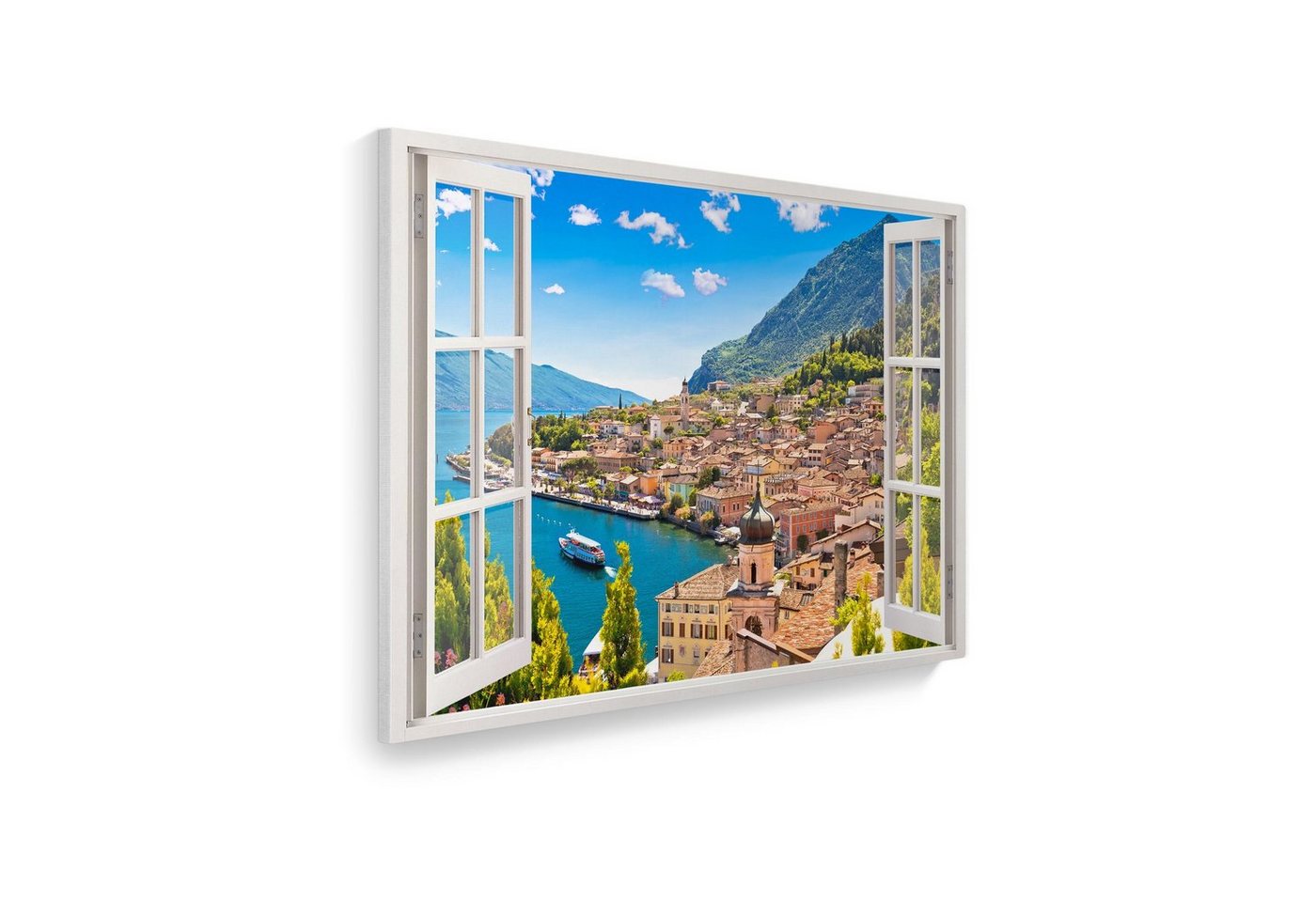 WallSpirit Leinwandbild Fenster mit Aussicht", Dorf am See, Leinwandbild geeignet für alle Wohnbereiche" von WallSpirit