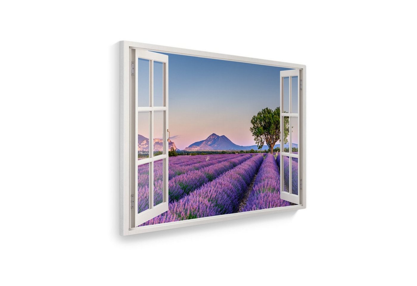 WallSpirit Leinwandbild Fenster mit Aussicht", Lavendelfeld, Leinwandbild geeignet für alle Wohnbereiche" von WallSpirit