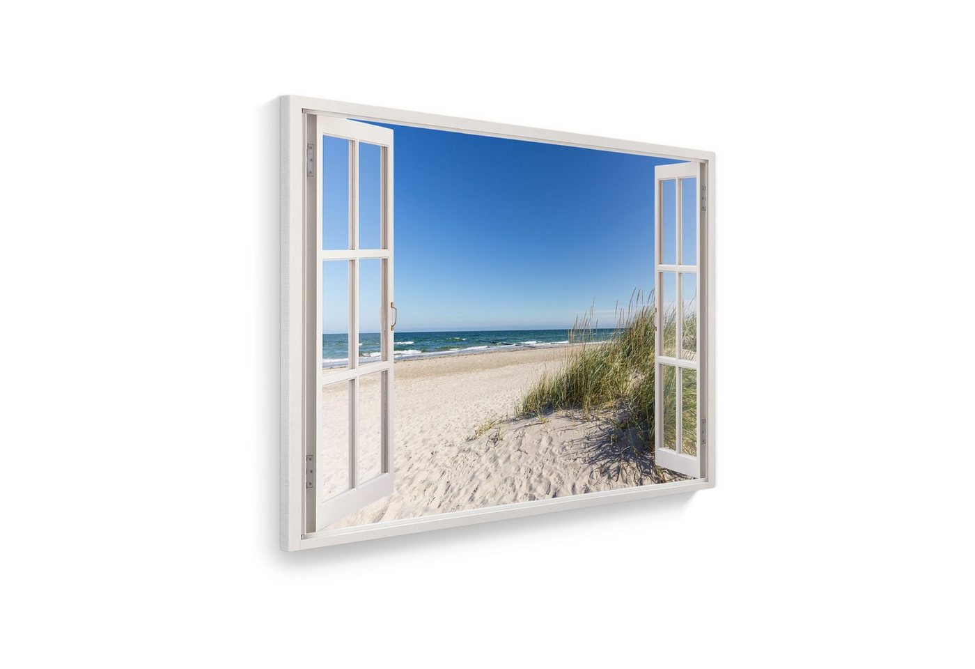 WallSpirit Leinwandbild Fenster mit Aussicht", Ostsee Strand, Leinwandbild geeignet für alle Wohnbereiche" von WallSpirit