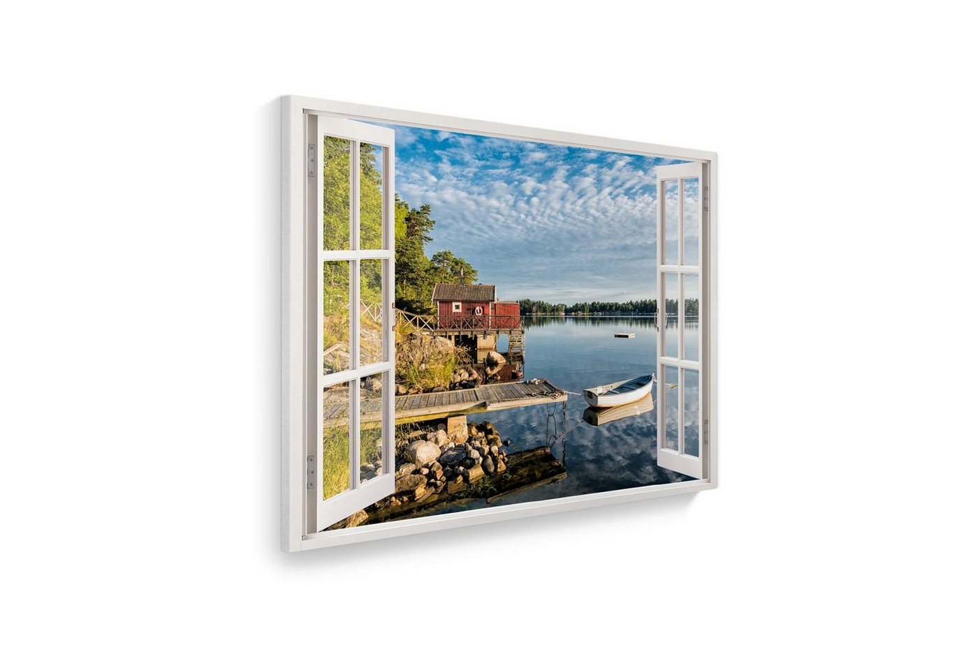 WallSpirit Leinwandbild Fenster mit Aussicht", Seeufer, Leinwandbild geeignet für alle Wohnbereiche" von WallSpirit